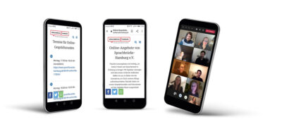 3 Smartphones mit Inhalten von der Online-Angebotsseite und einer Teams Konferenz