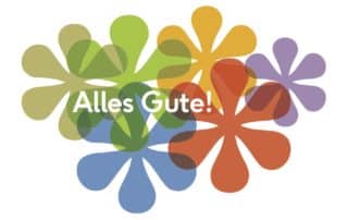 Postkarten Motiv "Alles Gute" mit bunten grafischen Blumen