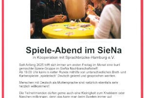 Flyer für den Spieleabend im SieNa an jedem 1. Freitag im Monat