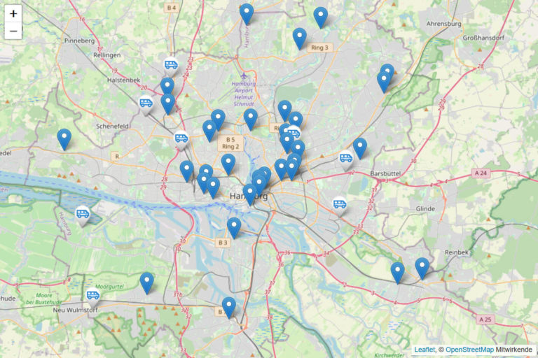 Übersichtskarte aller Standorte mit Markierungen, an denen Gesprächsrunden stattfinden