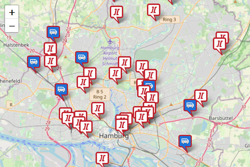 Übersichtskarte aller Standorte mit Markierungen, an denen Gesprächsrunden stattfinden