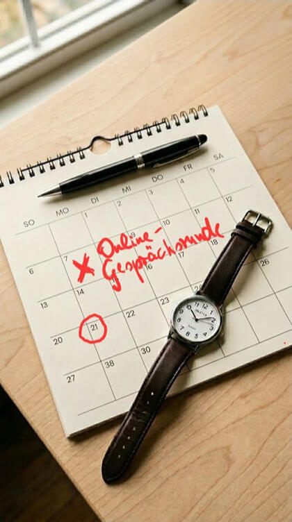 Terminkalender mit markiertem Termin für eine Online-Gesprächsrunde.